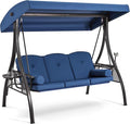 HOMREST 3 Seat Outdoor Porch Swing with 1.5" Deepened Cup Holder, Adjustable Canopy, Patio Swing Bed with Stand, Patio Glider Swing with Thicken Cushions, Pillow for Yard, Garden(Blue)
