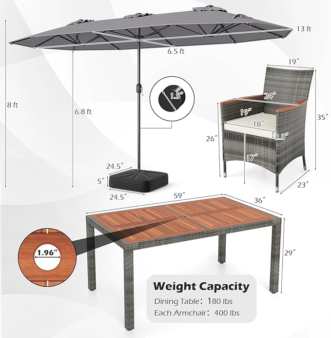 Tangkula 9 Pieces Rattan Outdoor Dining Set with 13Ft Solar Patio Umbrella for 6, Outdoor Wicker Table Set with 8 Cushioned Chairs, Acacia Wood Top, Outdoor Umbrella with Base Included