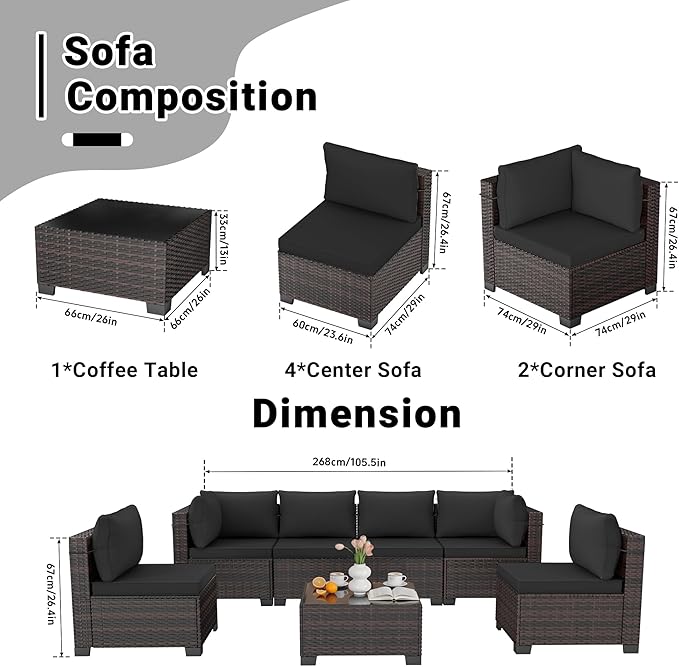 LEVELEVE 7 Pieces Outdoor Patio Furniture Sets,Rattan Conversation Sectional Set,Manual Weaving Wicker Patio Sofa with Tea Table(Black 7pcs)
