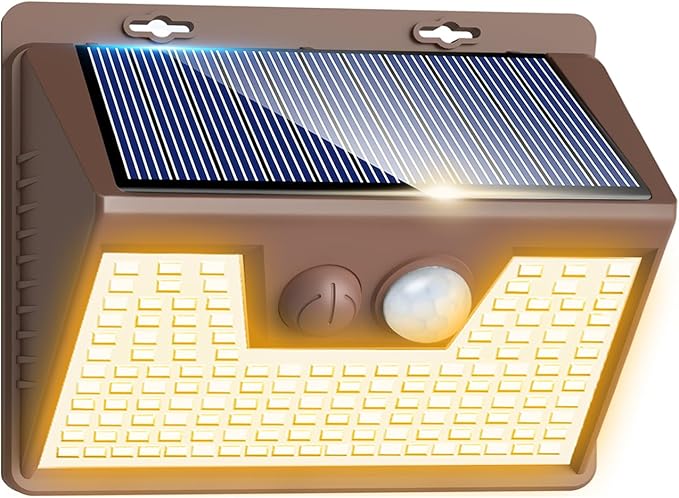 Peasur Solar Lights Outdoor Motion Sensor Waterproof, 1Pack 140LED Brown Solar Powered Fence Light, 3 Modes Security Wall Lights for Garden Yard Outside(Warm White)