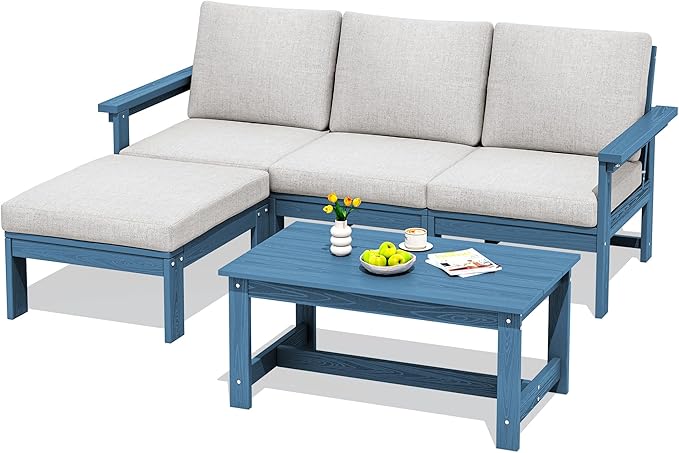 SERWALL Outdoor Sectional Sofa Set, 5-piece Outdoor Modula Couch Set with Ottoman, All Weather Patio Furniture Set with Chaise for Deck, Lawn, Blue Frame with Khaki Cushion
