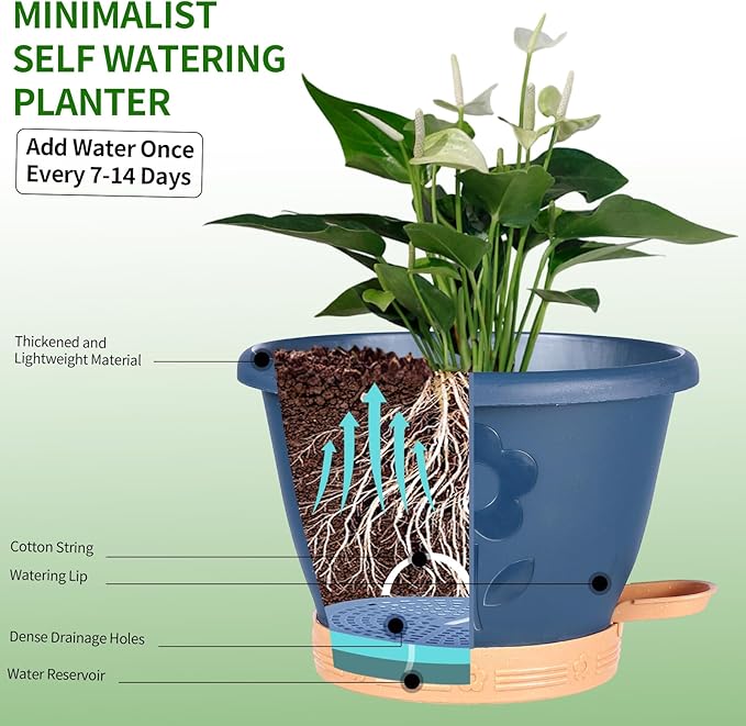 Plant Pots, Flower Pots for Indoor/Outdoor Plants, Self Watering Plastic Planters Pots with Drainage Holes, Saucer & Reservoir, Decorative Nursery Planting Pots(10 Inch Set of 4)