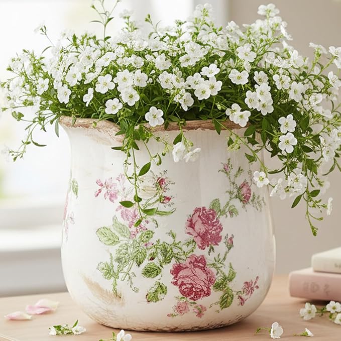 Shabby Chic Flower Pot, 6.11 Inch Ceramic Planter with Drainage for Indoor Plants, Vintage Ceramic Vase, Country Chic Spring Garden Home Decor, Pink Rose Floral