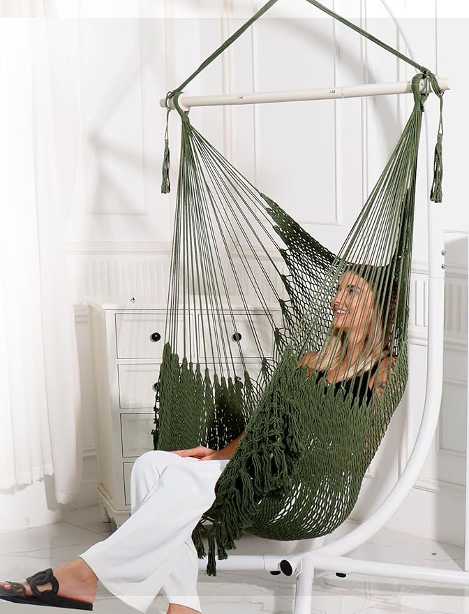 Chihee Hammock Chair Super Large Hanging Chairs Soft-Spun Cotton Rope Woven Chair, Collapsible Strong Metal Spreader Bar Wide Seat Lace Stretch Swing Chairs Indoor Outdoor Garden Yard Theme Decoration