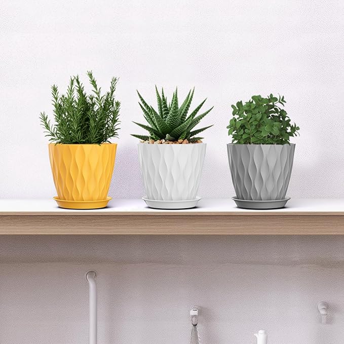 5 Inch Planter Pots, 6 Pack Indoor Planters, Small Flower Pots with Drainage Holes and Tray for Succulents, Orchids, Herbs and Other Indoor Plants (Orange+Grey+White, 5inch)