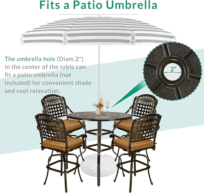 VIVIJASON 5-Piece Outdoor Swivel Bar Stools Set, All Weather Cast Aluminum Patio Bar Height Bistro Set with 4 Cushioned Bar Chairs & 38.5" High Bar Table w/Umbrella Hole for Backyard, Lawn, Garden