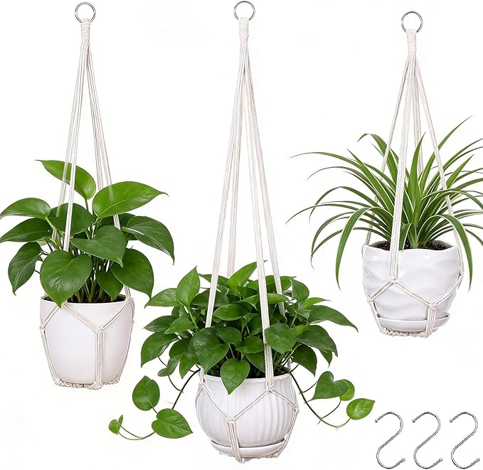 YIBOT 3 Pack Macrame Plant Hanger Indoor Hanging Planter for Plants Holder with 3 Hooks, 35"/29"/23" Size No Tassels for Boho Home Decor, Ivory (POTS NOT Included)
