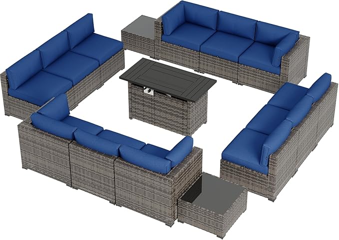 Aoxun Patio Furniture Sets, 15-Piece Outdoor Patio Furniture with 44'' Propane Gas Firepit Table, Wicker Outdoor Conversation Set Sectional Sofa for Backyard, Poolside, Garden
