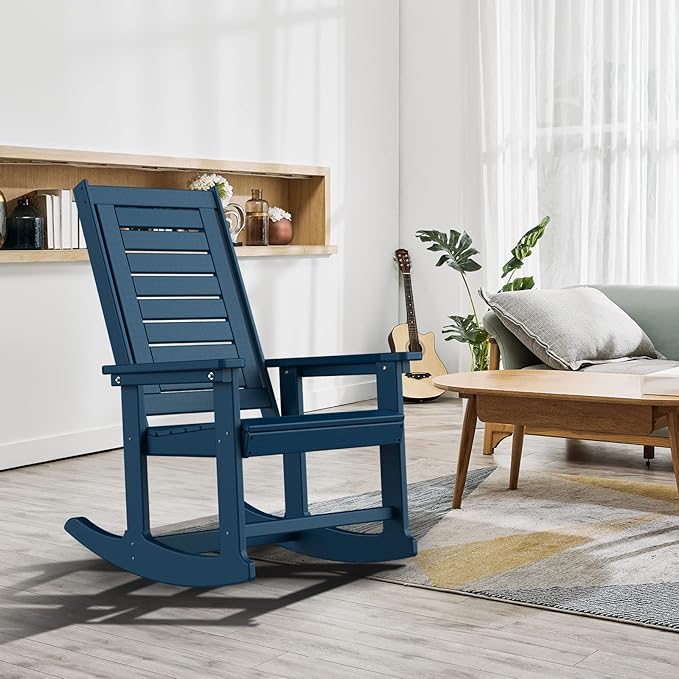 GREENVINES Outdoor Rocking Chairs | Set of 4 | Porch Rocker | HDPE Plastic | Blue | Oversized Rockers | High Back | Big & Tall | Ladder Back | for Patio Outside Backyard Balcony Garden