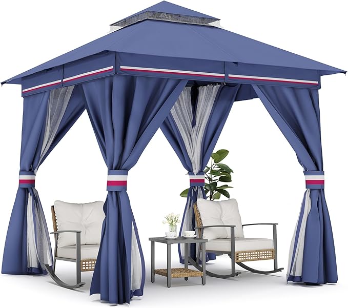 LAUSAINT HOME Semi-Permanent Outdoor Patio Gazebo 8'x8', Heavy Duty Party Tent Shelter with Double Roofs, Mosquito Nettings and Privacy Screens for Backyard, Garden, Lawn, Classic Blue