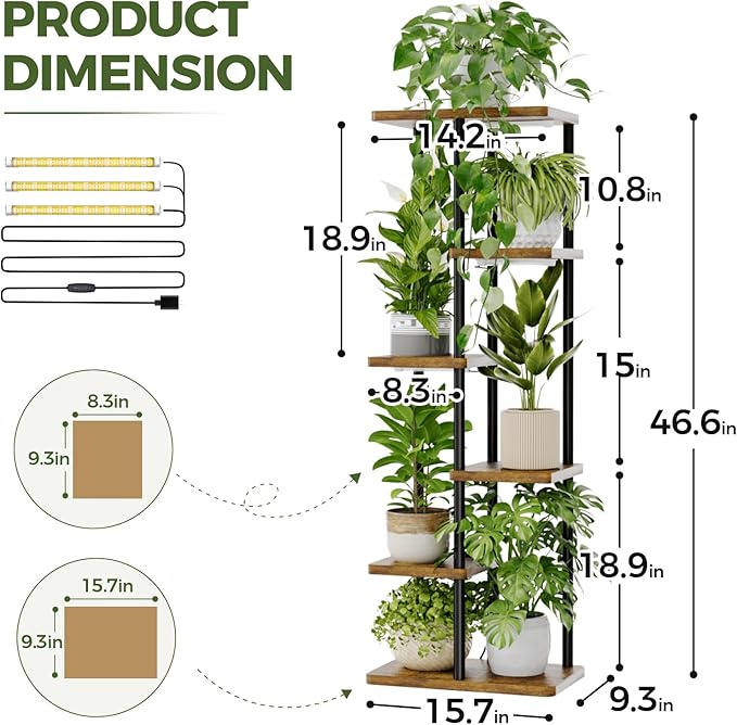Bamworld Plant Shelf with Grow Light for Indoor Plants Corner 6 Tier Metal Plant Stand Wood Flower Stand for Home Living Room Decor Patio Decor