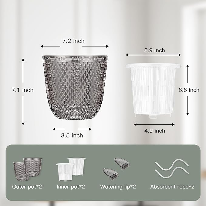 QCQHDU 2 Pack Self Watering Pots, 7.2 Inch Flower Pots with Drainage Holes and Water Filling Port, Garden Planter for Indoor Outdoor Plants (Gray)