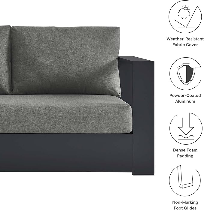 Modway Tahoe Aluminum 3-Piece Outdoor Patio Furniture Gray Charcoal, Modular Sectional Sofa Set with Weather-Resistant Cushions, Ideal for Deck, Backyard Poolside