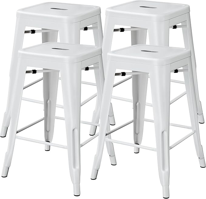 Yaheetech 24 Inch Metal Barstools Set of 4, Counter Height Backless Stools, Industrial Stackable Bar Chairs with Footrest for Kitchen/Dining Room/Bistro/Patio, White