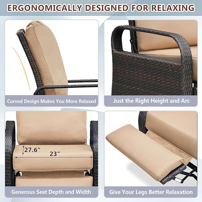 ATR ART TO REAL Outdoor Recliner, Outdoor Wicker Recliner Chair with 5.12'' Cushions, Automatic Adjustable Patio Chaise Lounge Chairs, Aluminum Frame. UV Protected and Rustless (Khaki)