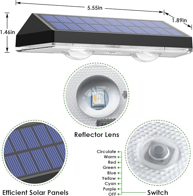 Solar Fence Lights Outdoor, 2PK RGB Solar Lights for Outside Backyard, Patio, Deck Fence, Stair Handrail, Pool and Wall