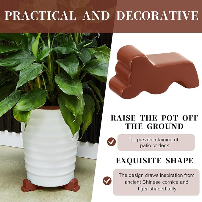 Kigeli 6 Pcs Resin Garden Pot Feet for Outdoor Planters 3 Inch Long 1.5 Inch Tall Flower Handmade Elevator Plant Feet Frost Proof Lifter for 14-20 in Pot(Brown)
