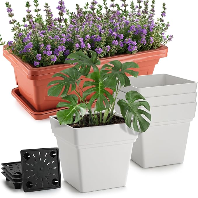 6-Pack 17" + 7" Window Box Planters & Square Pots - 4p Square Planters with Built-in Drainage & Stopper, 2p Rectangular Flower Boxes, Heavy-duty Flower Pots BPA-Free for Indoor Outdoor Gardening