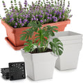 6-Pack 17" + 7" Window Box Planters & Square Pots - 4p Square Planters with Built-in Drainage & Stopper, 2p Rectangular Flower Boxes, Heavy-duty Flower Pots BPA-Free for Indoor Outdoor Gardening