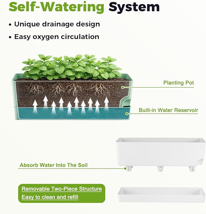 2 Pack Self Watering Pots for Indoor Plants 17 Inches Window Boxes Planters Rectangular Flower Pots Rectangle Herb Pots Large Plant Pots with Drainage Holes and Saucers Windowsill Planter, White