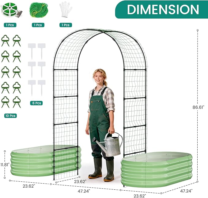 DoCred 3 in 1 Raised Garden Bed with 87in Tall Arch Trellis for Climbing Plants, Galvanized Planter Garden Box Outdoor for Gardening, Climbing Vegetables, Flower, Green