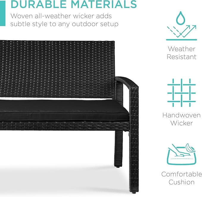 Best Choice Products Outdoor Bench 2-Person Wicker Garden Patio Benches Seating Furniture for Backyard, Porch w/Seat Cushion, 700lb Capacity - Black/Black