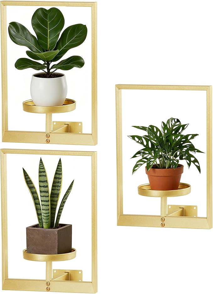 Wall Hanging Plant Stands Planter Shelves, Indoor Outdoor Window Plant Hanger Decor for Living Room Entryway (Gold 3-Pack)
