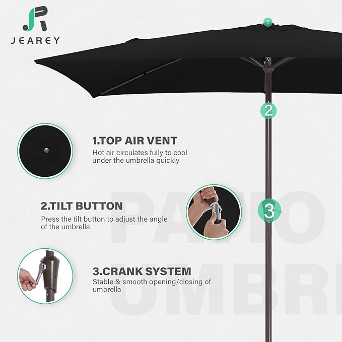 JEAREY 6.5x10 ft Rectangular Patio Umbrellas Rectangle Outdoor Umbrella with Push Button Tilt and Crank, Market Table Umbrella 6 Sturdy Ribs UV Protection for Poolside Garden Backyard Deck, Black