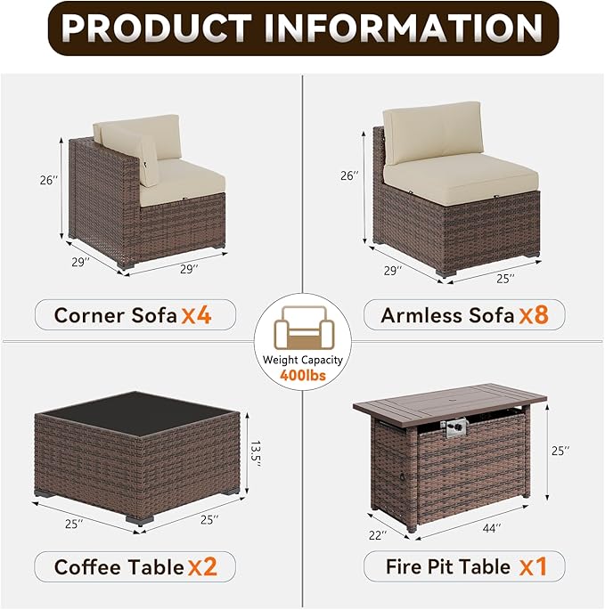Aoxun Patio Furniture Sets, 15-Piece Outdoor Patio Furniture with 44'' Propane Gas Firepit Table, Wicker Outdoor Conversation Set Sectional Sofa for Backyard, Poolside, Garden
