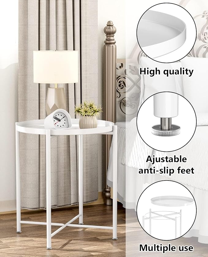 EKNITEY End Table,Folding Metal Side Table Waterproof Small Coffee Table Sofa Side Table with Removable Tray for Living Room Bedroom Balcony and Office