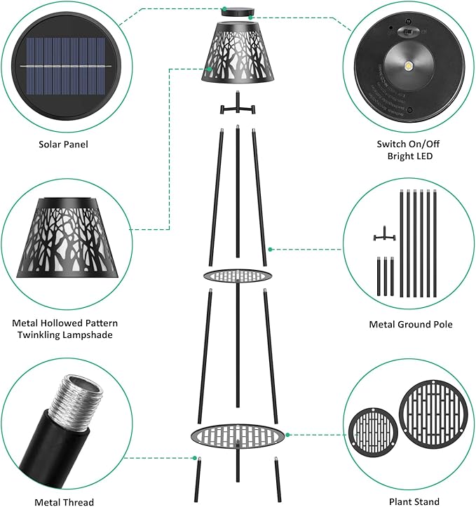 2 Pack 45.5'' Outdoor Floor Lamps with 2 Tier Plant Stand, Solar Powered Metal Waterproof Lights for Patio Deck Yard Garden Porch Decor