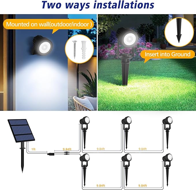 T-SUNUS Christmas Solar Garden Spotlight Outdoor 6-in-1 White Landscape Spot Lights IP65 Waterproof Separated Panel Dusk to Dawn 6000K Spotlights for Tree Yard Driveway Pathway Porch Walkway Halloween