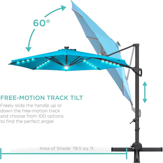 Best Choice Products 10ft Solar LED Cantilever Patio Umbrella, 360-Degree Rotation Hanging Offset Market Outdoor Sun Shade for Backyard, Deck, Poolside w/Lights, Easy Tilt, Cross Base