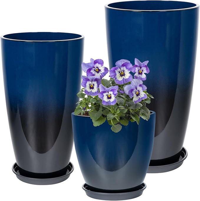 24/21/12 Inch Large Plastic Planter, Lightweight Ceramic-Look Tall Planters with Drain Hole & Saucers, Tall Plastic Planters for Porch, Garden, Patio, Balcony(Dark Blue)