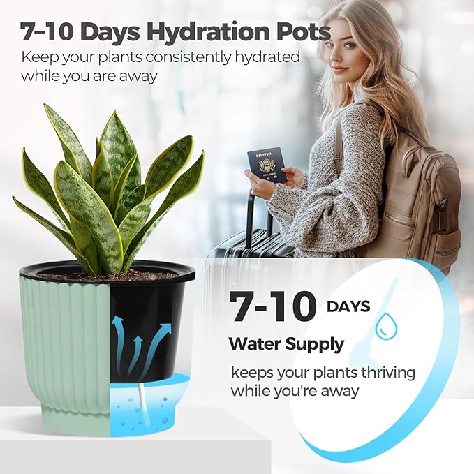 T4U 7 Inch Self Watering Pots for Indoor Plants, 4 Pack Plant Pots, Self Watering Planter for Indoor Plants, Durable Plastic Pots (4 Pack, 7", Green)