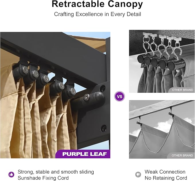 PURPLE LEAF 10' x 13' Aluminum Outdoor Pergola Wind-Resistant Retractable Pergola with Double Sun Shade Canopy Heavy-Duty Metal Pergola for Patios Backyard Deck Garden, Khaki