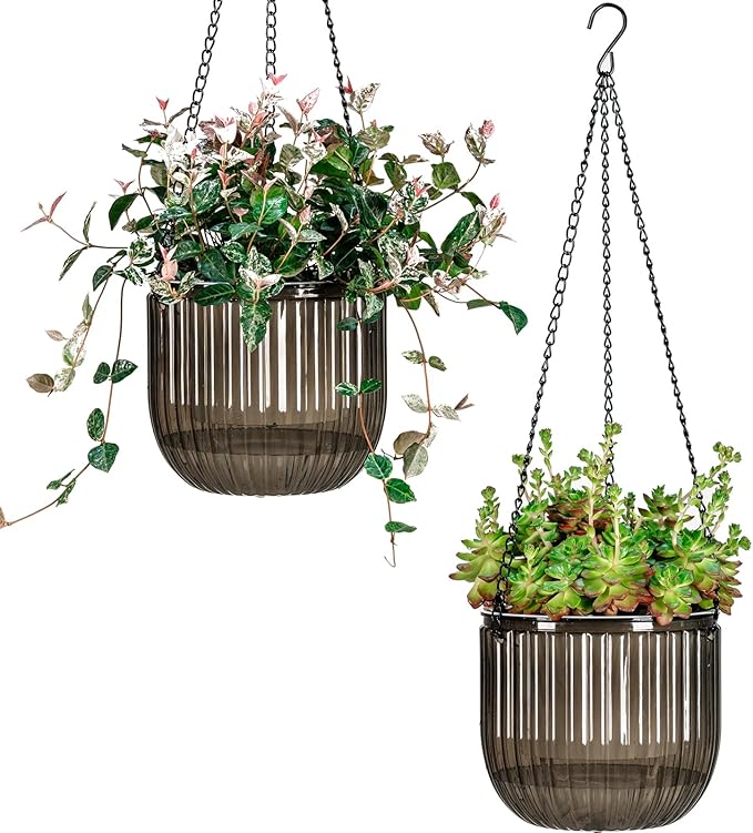 Josteve 6.5 Inch 2 Pcs Self Watering Hanging Planter Indoor Plant Pots Drainage Holes, Outdoor Hanging Planters Flower Pot Basket, Visible Water Level, Plant Hanger Home Decor, Gardening