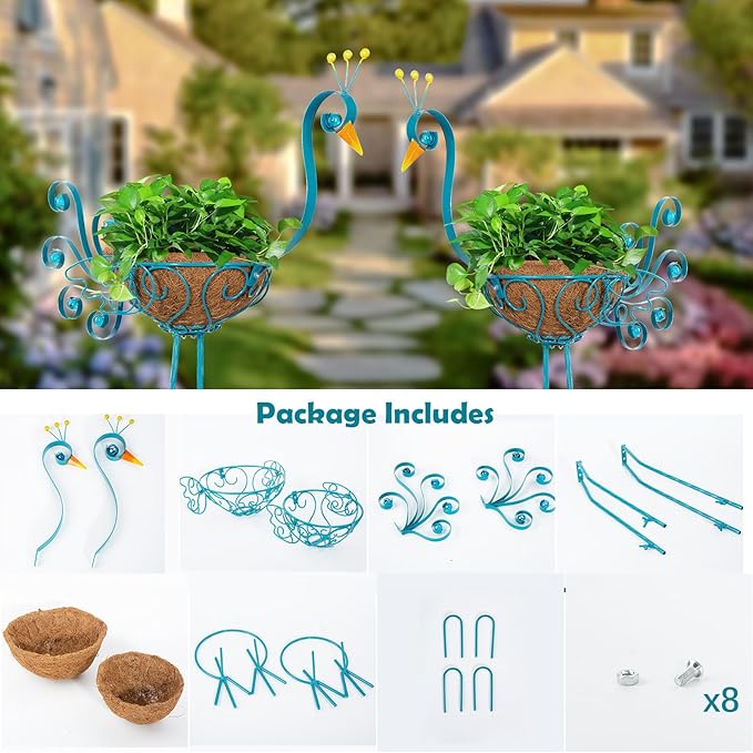 Set of 2 Blue Peacock Outdoor Planters with Basket, Metal Peacock Planter for Indoor Outdoor Garden Yard Decor