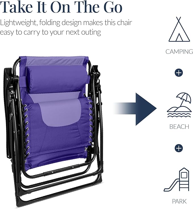 Best Choice Products Oversized Padded Zero Gravity Chair, Folding Outdoor Patio Recliner, XL Anti Gravity Lounger for Backyard w/Headrest, Cup Holder, Side Tray, Polyester Mesh - Purple/Violet
