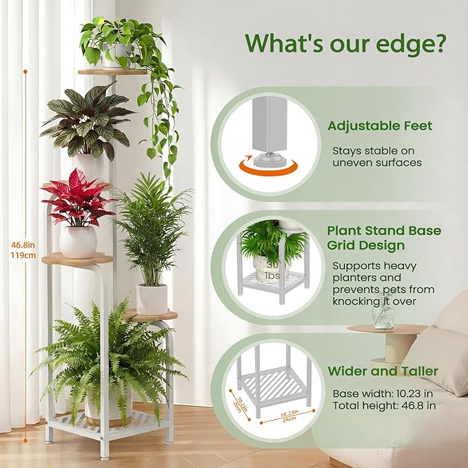 TOSKING 5 Tier Metal Plant Stand Indoor 48''H Tall ,Heavy Duty Plant Shelf , Corner Shelf Flower Pot Stand for Outdoor Plant Stand for Living Room Balcony Garden Patio Bedroom (5 Tier-White and Wood)