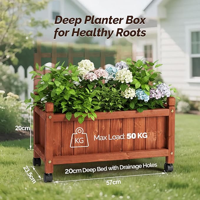 VINGLI Wooden Planter with Trellis, 50" Height Elevated Garden Beds Outdoor with Wheels, FreeStanding Planter Box with Drainage Holes for Flower, Vegetable, Fruit, Herb in Garden, Patio, Balcony (1)