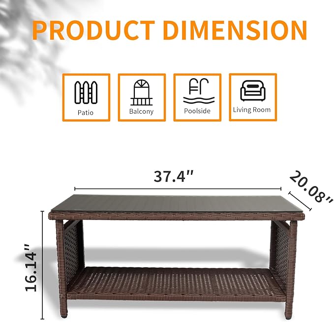 VINGLI Outdoor Wicker CoffeeTable Patio Coffee Tables for Outside, Tempered Glass Top Wicker Table with Storage Coffee Table for Patio Balcony Porch Deck (Brown)