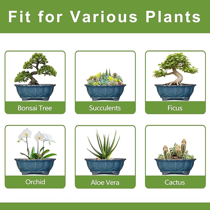 Bonsai Pots - 13.2 Inch Oval Ceramic Pots for Plants, Large Succulent Planter with Drainage Hole, Decorative Planters for Indoor Outdoor, Garden House Decor, Housewarming Gifts, Retro Blue