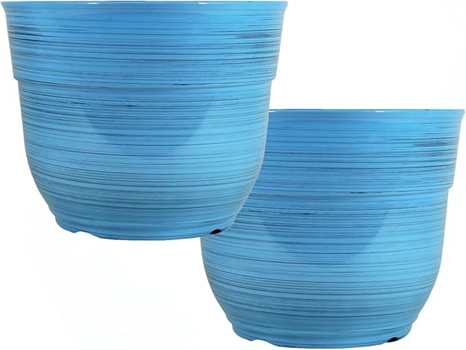 Garden Elements Indoor/Outdoor Glazed Brushed Happy Plastic Planter, Large, Bright Blue, 15" (Pack of 2)