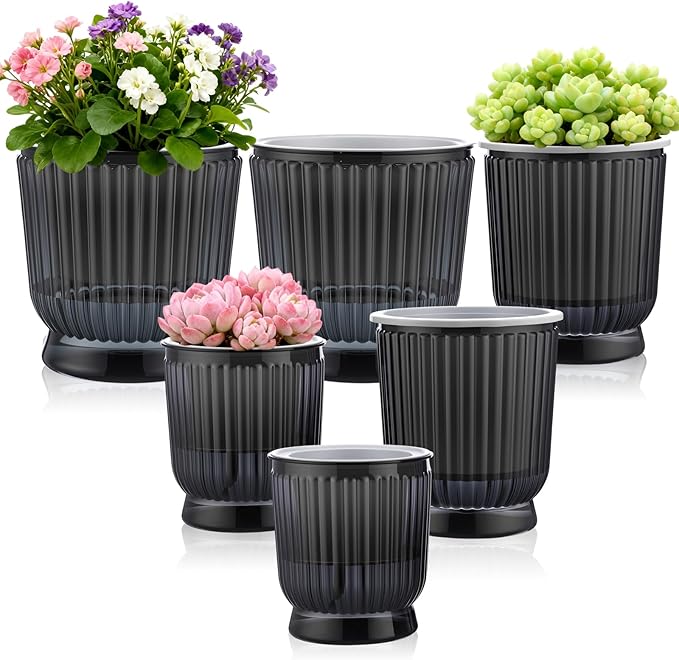 Set of 6 Self Watering Plant Pot 3 Sizes Plastic Double Layer Self Watering Flower Pot with Multi Mesh Drainage Holes Wicking Reservoir for Indoor Outdoor Garden Plants(Black)