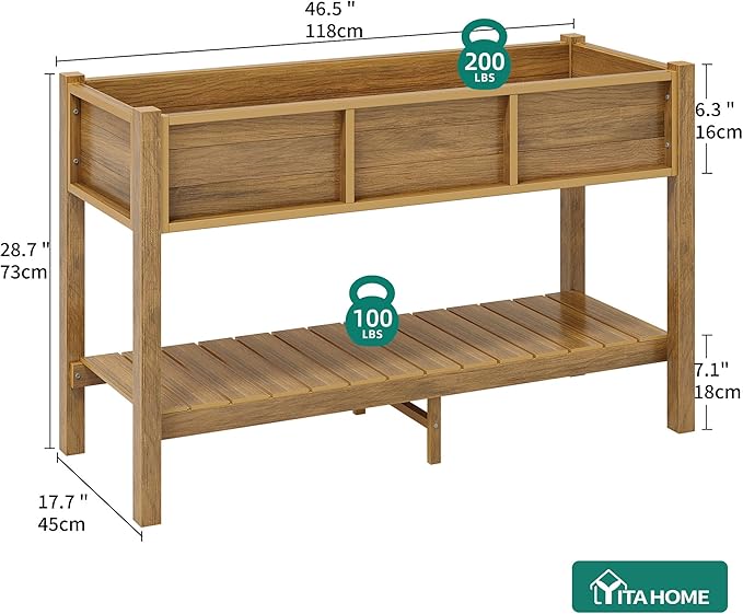 YITAHOME Raised Garden Bed Outdoor HDPE with Shelf, 48x18x30in Poly-Wood Weather-Resistant Elevated Planter Box with Legs for Vegetable Flower, Herb Garden Bed for Backyard Balcony Garden, Brown