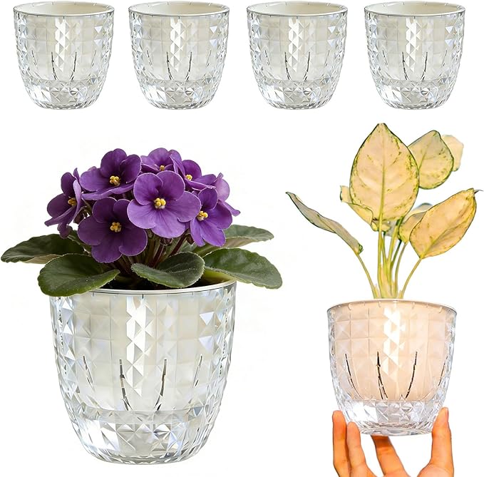 6 Pack 4 inch Self Watering Pots Planters for Indoor Plants, African Violets Pots with Wick Rope, Modern Plastic Nursery Pots for All House Plants,Flowers Succulents,Herbs,Cactus,Orchids