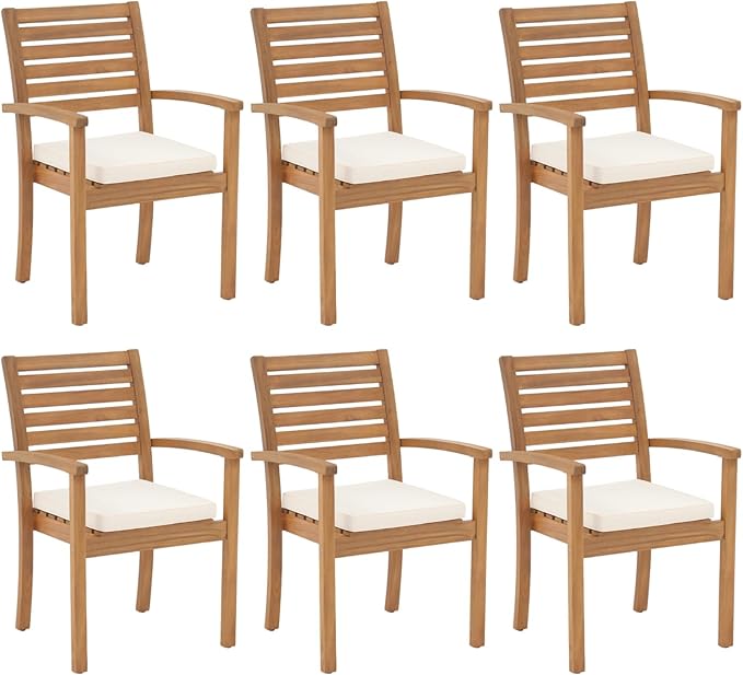 OC Orange-Casual Stackable Patio Dining Chairs Set of 6, Outdoor Acacia Wooden Chairs w/Armrest & Removeable Fabric Cushion, for Porch, Backyard, Garden, Indoor, Beige