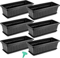 6 Pack 17 Inch Flower Window Box, Plastic Vegetable Planters Long Pots with Tray, Black Garden Flower Plant Pot for Windowsill Patio Garden Porch Balcony, with 30 PCS Plant Labels