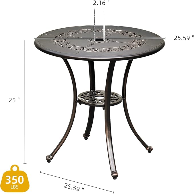 DWVO 25 Inches Round Patio Dining Table with Umbrella Hole, Antique Cast Aluminum Outdoor Bistro Table Outdoor Side Table for Backyard, Garden, Patio, Porch, Hammered Bronze